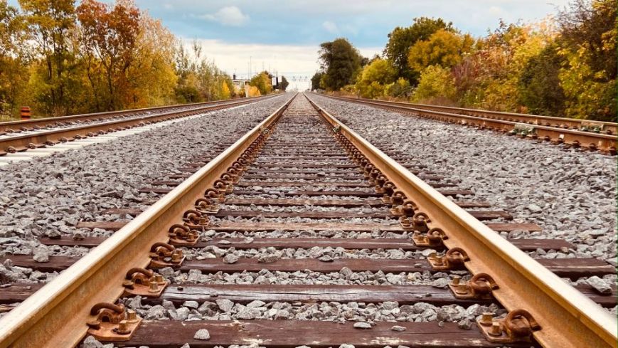 Vías de tren en perspectiva rodeadas de árboles otoñales